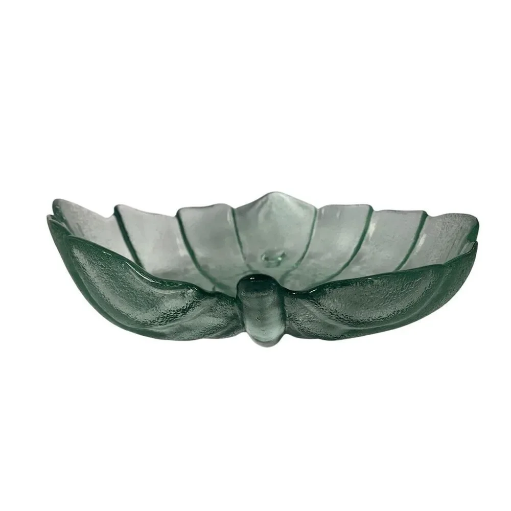 VTG MCM RETRO DEPRESSION GREEN LEAF FOOTED large GLASS BOWL DISH ART DECOR